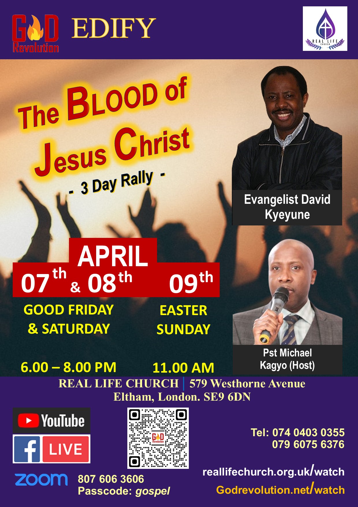 Invitation flyer to EDIFY RALLY 2023 with Evangelist David J. Kyeyune of God Revolution